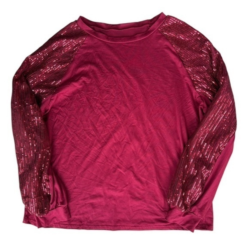 Sequin Sleeve Crew Neck Long Sleeve Top - Womens Oversized Size Large - Burgundy